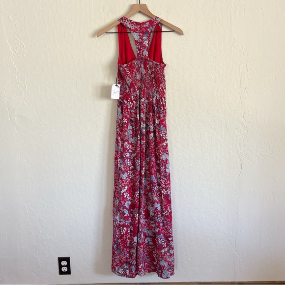 Japna Sleeveless V-Neck Maxi Dress size XS Red Blue Floral Smocked Racerback - Picture 5 of 6